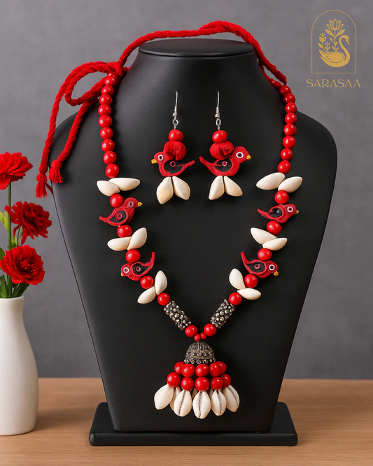 SarasaaFasion Handmade Red Bird Motif Shell Jewelry Set - 208