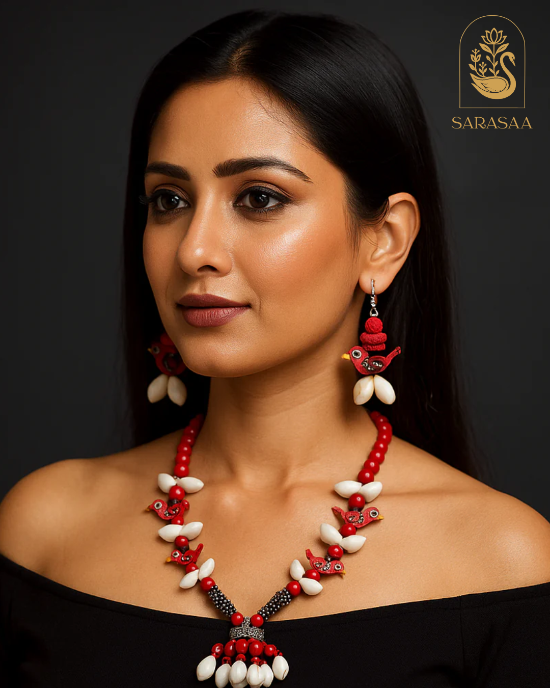SarasaaFasion Handmade Red Bird Motif Shell Jewelry Set - 208