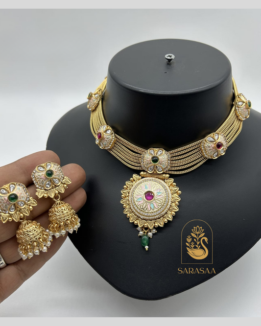 Sarasaa Kanth Chain Hasli Antique Gold Necklace Set with Jhumka Earrings