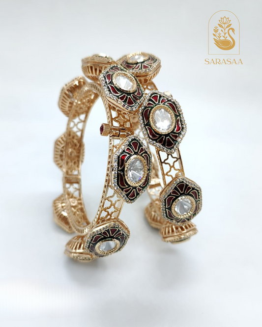 SarasaaFashion Traditional Gold-Plated Meenakari Kada Bangles with Pota Stone and Enamel Work. - 217