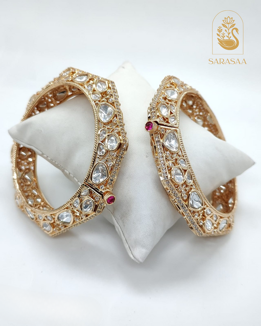 SarasaaFashion Gold Finish Moissanite Statement Bangles with Ruby Accents - 219