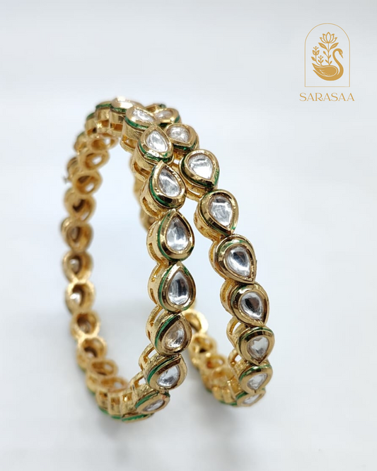 SarasaaFashion Premium Gold-Plated Kundan Drop Shape Bangles with Green Meenakari Detailing. - 222