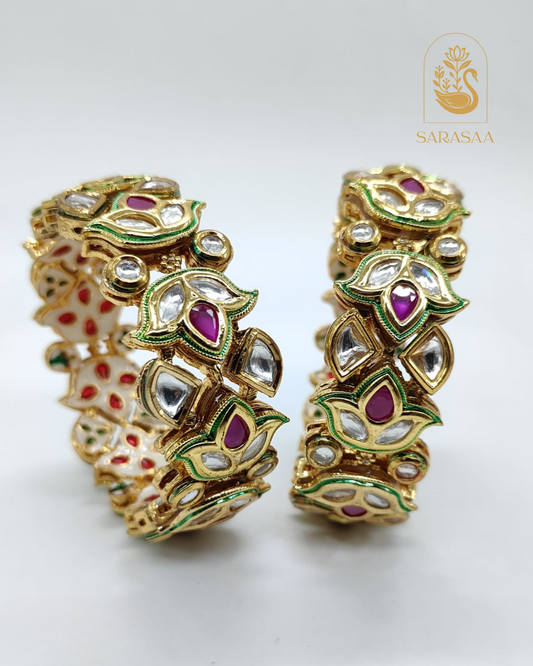 SarasaaFashion Premium Gold-Plated Kundan Polki Kada Bangles with Meenakari Work - 225