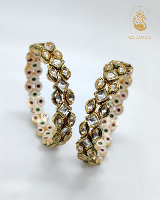 SarasaaFashion Pair of Exquisite Gold-Plated Openable Kundan Kada Bangles with Stone Details - 227