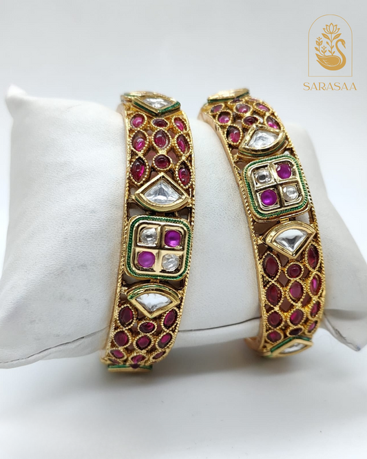 SarasaaFashion Elegant Gold-Plated Kundan Bangles with Red & White Stone Embellishments - 229