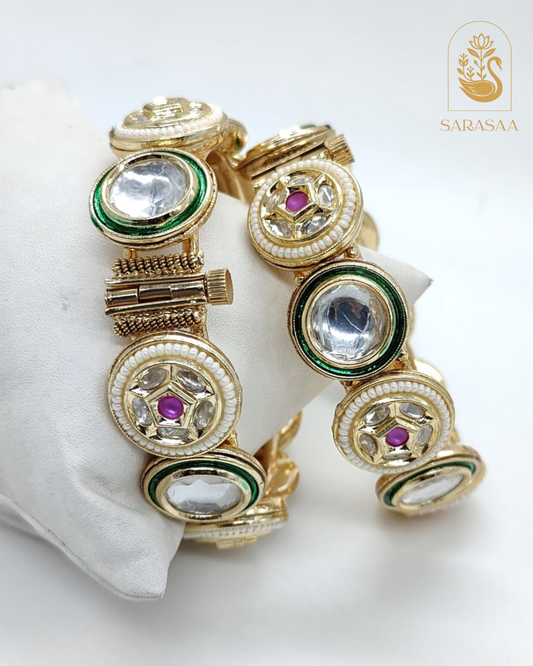 SarasaaFashion Gold Plated Openable Kundan Bangles with Meenakari Work - 231