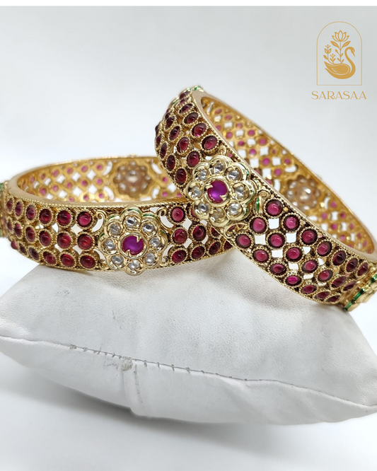 SarasaaFashion Exquisite Gold-Plated Kundan Style Stone-Studded Bangles with Floral Design - 232