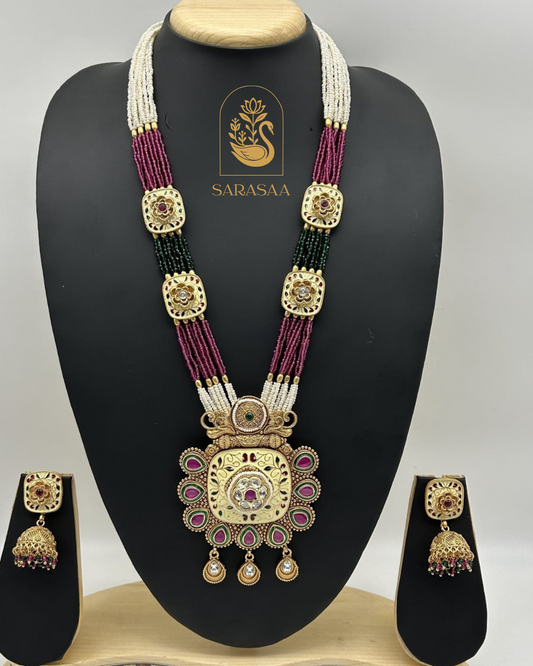 Sarasasa Rajwadi Style Kundan and Meenakari Long Necklace Set with Earrings. - 234