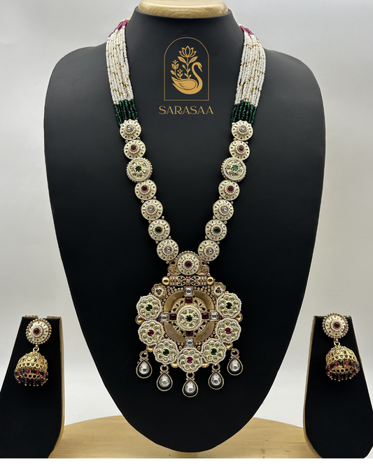 Sarasaa Gold Plated Pota Stone and Pearl Long Necklace. - 238