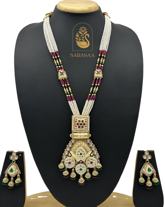 Sarasaa Gold-Plated Pota Stone and Meenakari Long Necklace Set with Matching Earrings. - 241