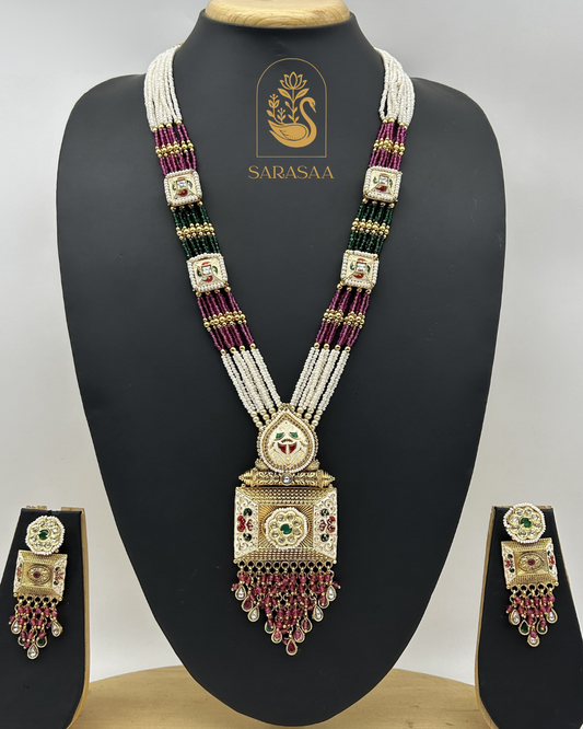Sarasaa White Golden Plated Kundan Work Beads And Stone Long Pendant Necklace Set with Matching Earrings - 243