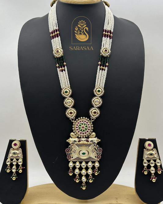 Sarasaa Antique Temple-Style Pearl and Gemstone Rani Haar Necklace Set with Matching Earrings - 245