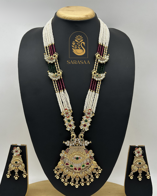 Sarasaa Gold Plated Pota Stone And Pearls Meenakari Long Necklace Set. - 249