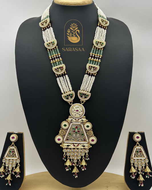 Sarasaa Gold-Plated Traditional White Pearl & Green Beaded Long Necklace Set with Meenakari Style Pendant & Matching Earrings  - 250