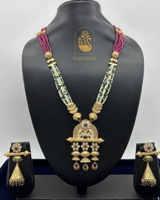 SARASAA Traditional Long Temple Design Necklace Set with Ruby & Green Beads   - 251