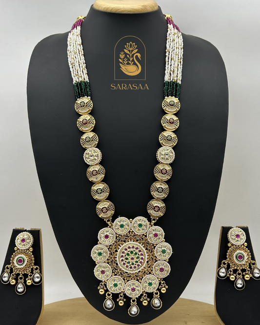 SARASAA Premium Gold Plated Kundan & Pearl Long Necklace Set with Earrings.  - 253