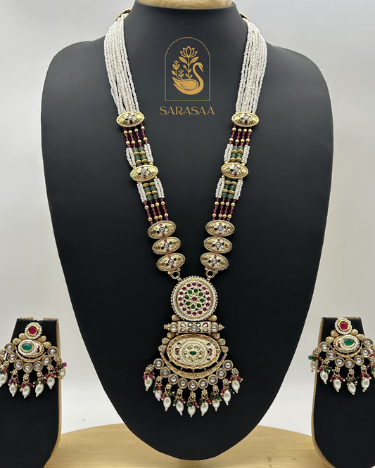 SARASAA Antique Gold Plated Long Necklace Set with Meenakari Work and AD Stones  - 254