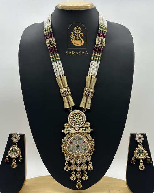 Sarasaa Gold-Plated Antique Rajwadi Kundan & Pearl Beaded Long Necklace  - 256