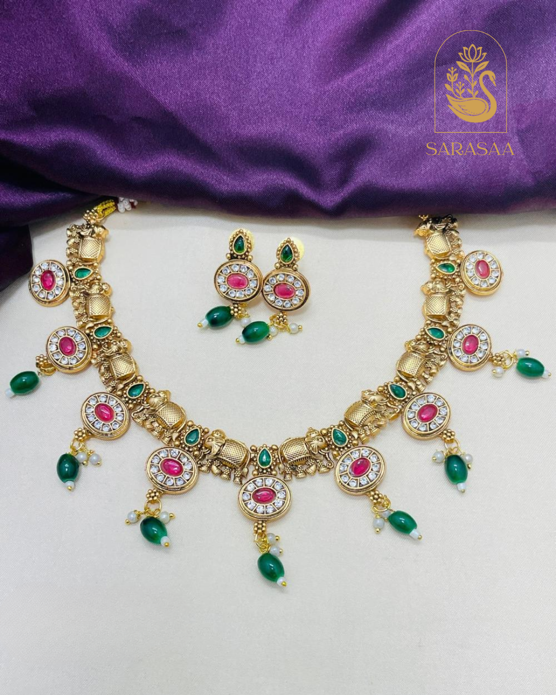 Sarasaa Gold-Plated Kundan & Gemstone Studded Necklace Set with Matching Earrings