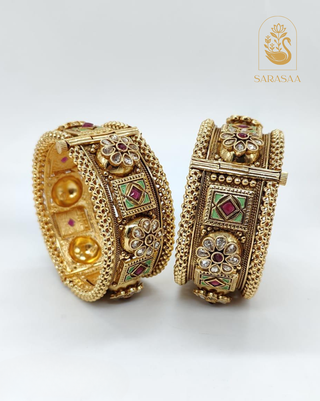 Sarasaa Antique Gold Plated Rajwadi Kada Bangles with Stone Embellishments  - 264