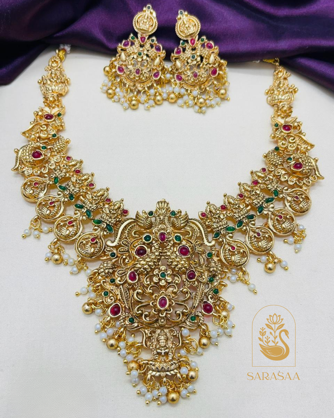 Sarasaa Traditional South Indian Lakshmi Peacock Elephant Gutta Pusalu Necklace Set