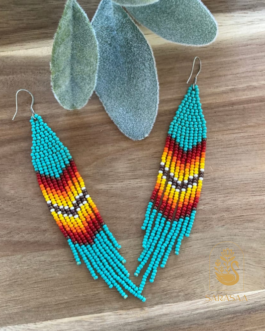 SARASAA Southwest Style Turquoise & Sunset Fringe Beaded Earrings  - 306