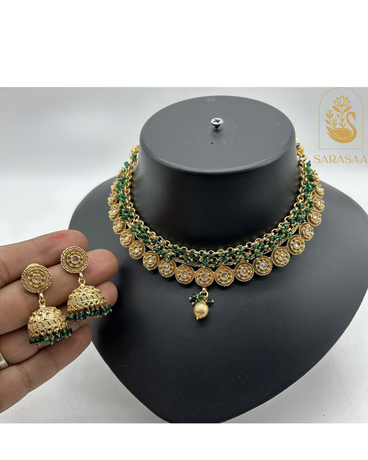 SarasaaFashion Traditional Indian necklace set with green beads and matching jhumka Earrings. - 211