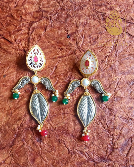 SarasaaFashion Dual Tone 3 Leaves Jhumka Earrings  - Green  - 114