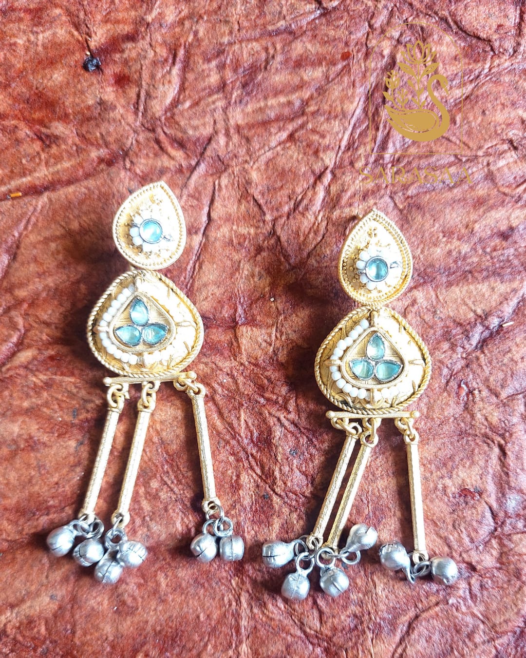 SarasaaFashion Traditional Mint Green Stone Gold Plated Silver Tassels Drop Earrings  - 115