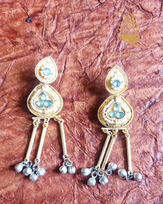 SarasaaFashion Traditional Mint Green Stone Gold Plated Silver Tassels Drop Earrings  - 115