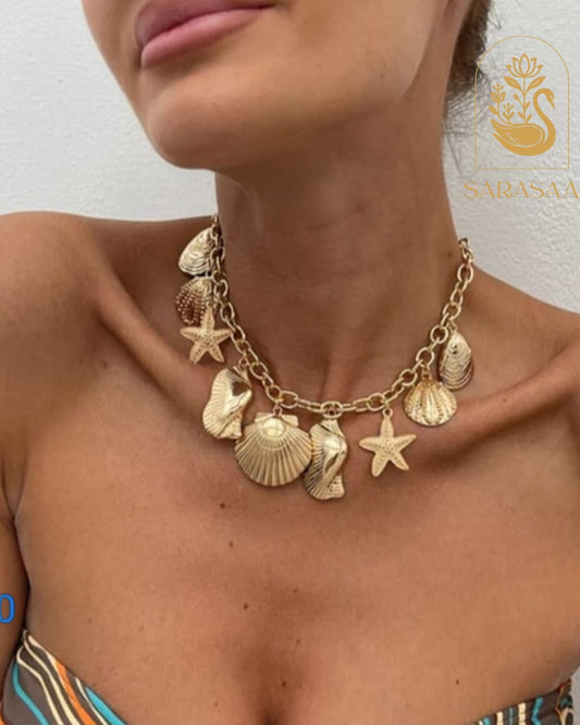 SarasaaFashion Gold-Plated Seashell & Starfish Charm Necklace  - 143