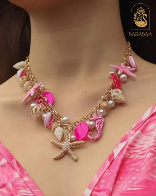 SarasaaFashion Bohemian Ocean Elements Pink Shells & Starfish Necklace  - 147