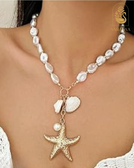 SarasaaFashion Gold Starfish Pendant Necklace with Seashells and Pearl Accents  - 146