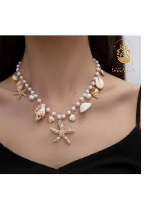 SarasaaFashion Bohemian or Beach-Themed Starfish, Seashell, and Pearl Necklace  - 148