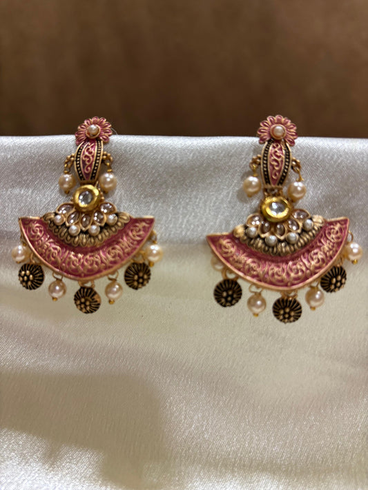 SarasaaFashion Pink Meenakari & Kundan Pearls Floral Drop Earrings  - 149