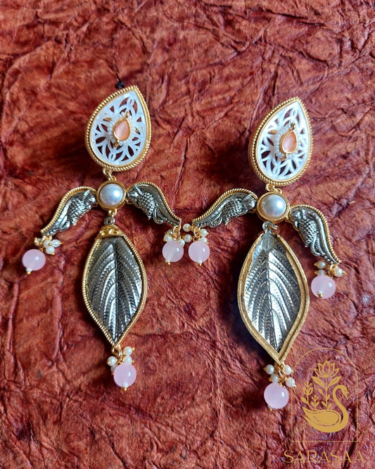 Dual Tone 3 Leaves Jhumka Earrings  - Pink  - 113