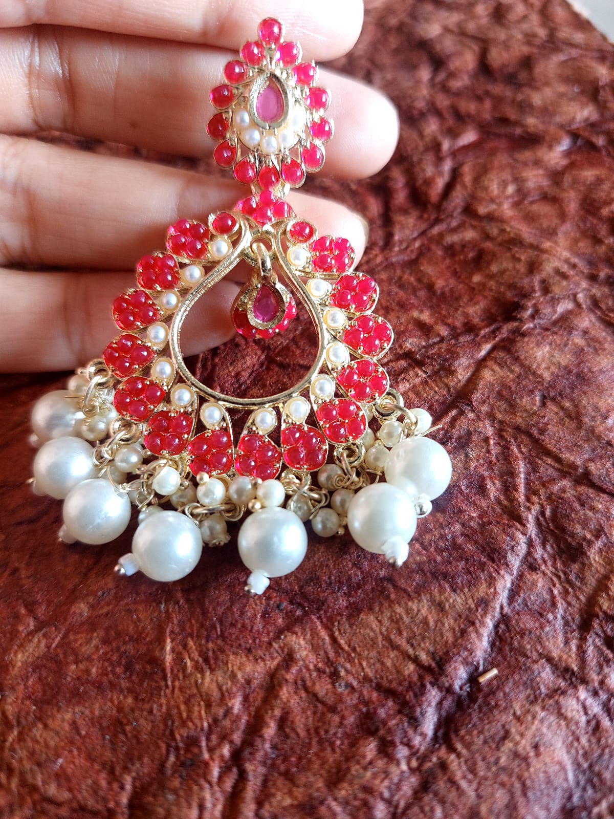 SarasaaFashion Gold Floral  Red Dangler Chandbali Earrings  - 123
