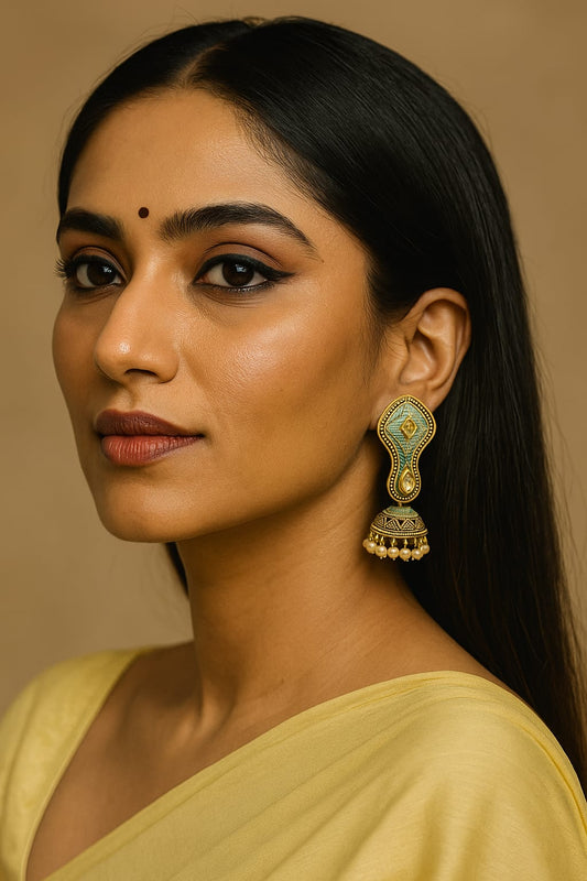 SarasaaFashion Sea Green Beads Kundan Gold-Plated Jhumka Earrings - 166